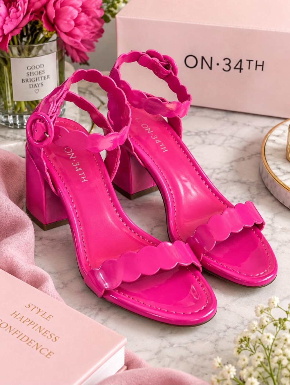 On 34th Scalloped Strap Hot Pink Block Heel Sandals 7.5 New